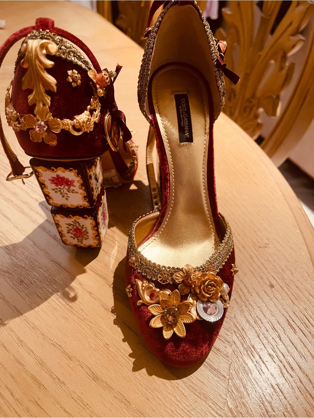 Dolce & Gabbana Red Velvet Floral-Embellished Ankle-Strap Heels IT size 39 - Picture 2 of 8